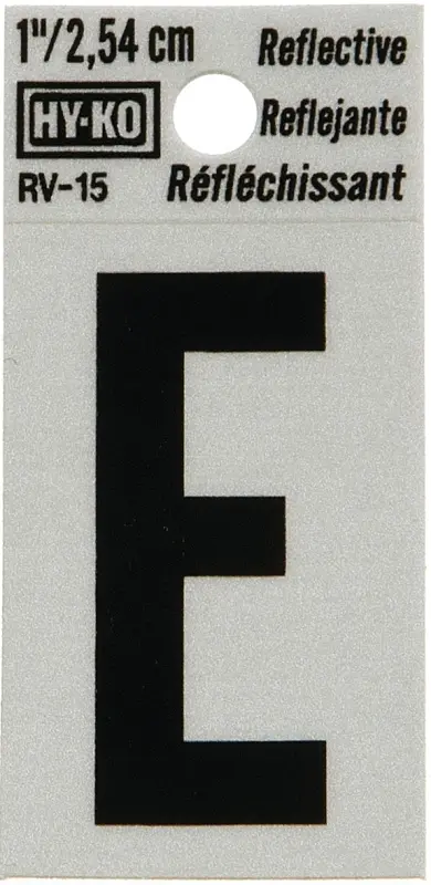 1-1/4" BEND AND PEEL BLACK ON SILVER REFLECTIVE LETTER E HY-KO - RV-15/E