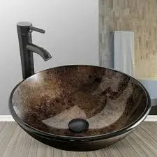 16.5" X 16.5" X 5.7" HANDCRAFTED TEMPERED GLASS SINK ROUND TAUPE/MOCHA