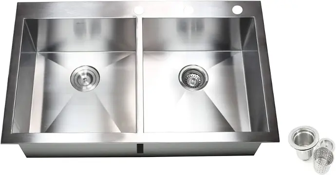 16GA STAINLESS STEEL BR SATIN 33" X 22 X 10" DUAL NEAR ZERO RADIUS SINGLE BOWL 1 HOLE KITCHEN SINK - 