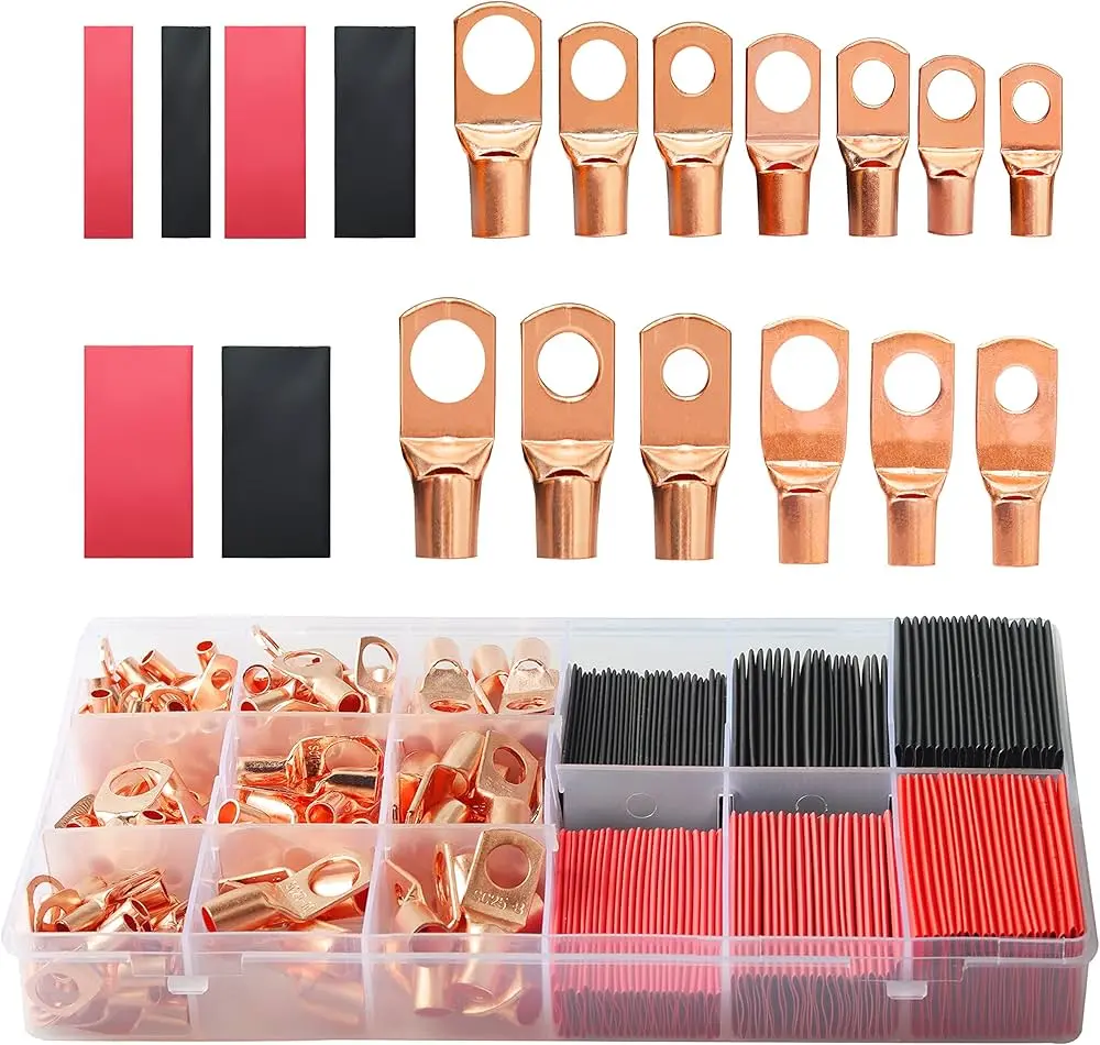 273 PCS COPPER WIRE TERMINAL CONNECTORS AWG 2-12 RING LUG KIT HEAT SH...