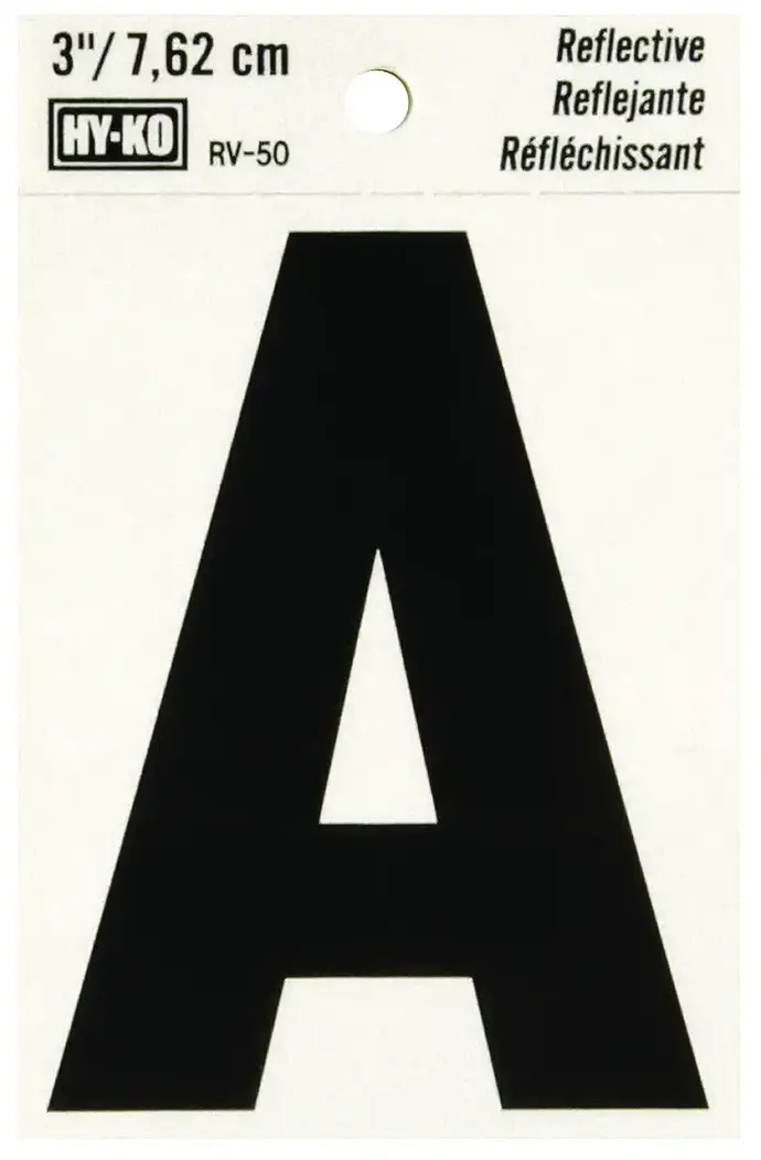3" BEND AND PEEL BLACK ON SILVER REFLECTIVE LETTER A HY-KO - RV-50/A