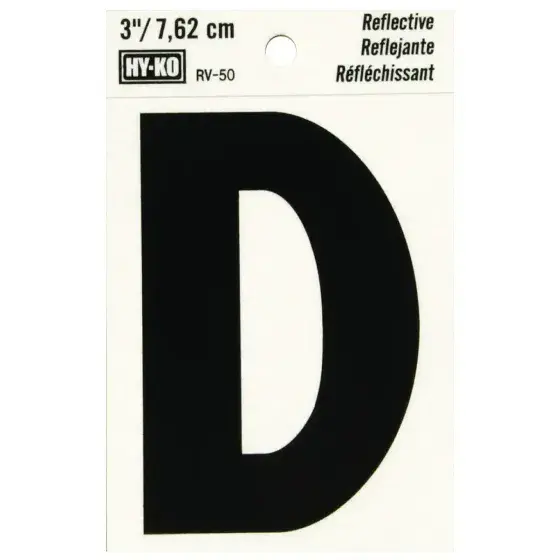 3" BEND AND PEEL BLACK ON SILVER REFLECTIVE LETTER D HY-KO - RV-50/D
