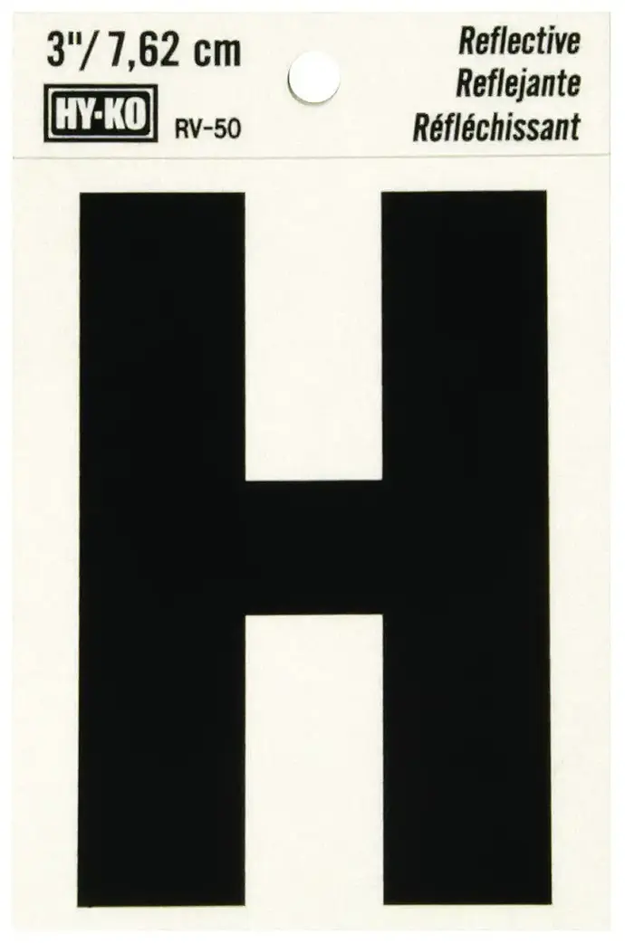 3" BEND AND PEEL BLACK ON SILVER REFLECTIVE LETTER H HY-KO - RV-50/H