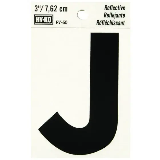 3" BEND AND PEEL BLACK ON SILVER REFLECTIVE LETTER J HY-KO - RV-50/J