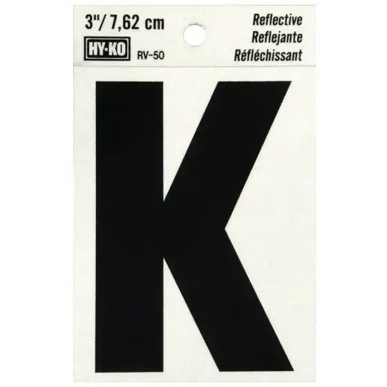 3" BEND AND PEEL BLACK ON SILVER REFLECTIVE LETTER K HY-KO - RV-50/K