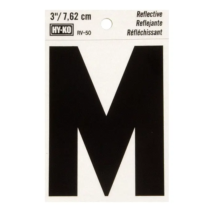 3" BEND AND PEEL BLACK ON SILVER REFLECTIVE LETTER M HY-KO - RV-50/M