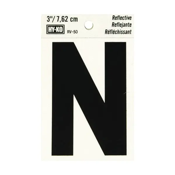 3" BEND AND PEEL BLACK ON SILVER REFLECTIVE LETTER N HY-KO - RV-50/N
