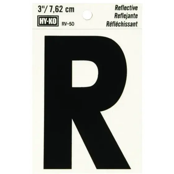 3" BEND AND PEEL BLACK ON SILVER REFLECTIVE LETTER R HY-KO - RV-50/R
