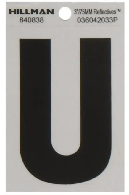 3" BEND AND PEEL BLACK ON SILVER REFLECTIVE LETTER U HY-KO - RV-50/U