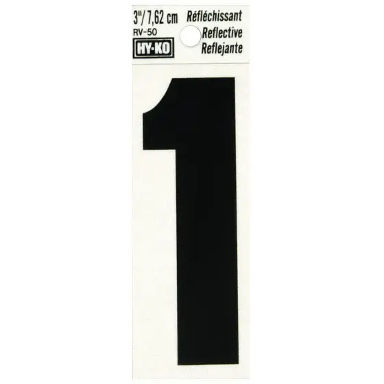 3" BEND AND PEEL BLACK ON SILVER REFLECTIVE NUMBER 1 HY-KO - RV-50/1