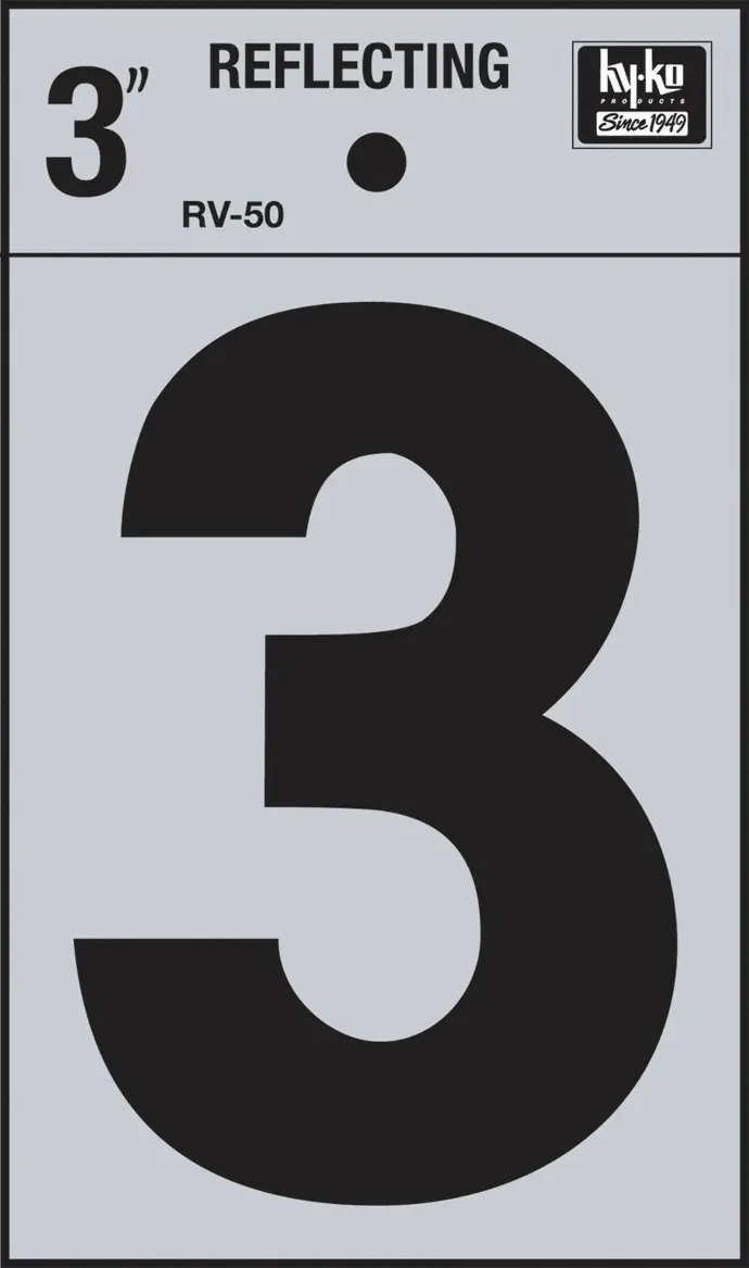 3" BEND AND PEEL BLACK ON SILVER REFLECTIVE NUMBER 3 HY-KO - RV-50/3