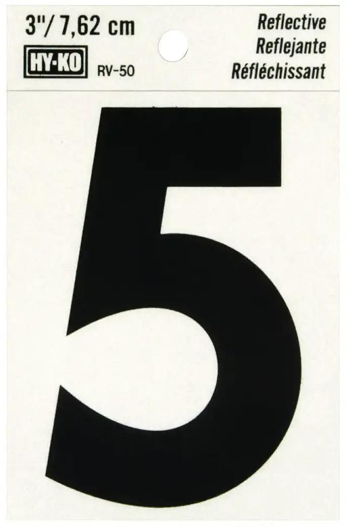 3" BEND AND PEEL BLACK ON SILVER REFLECTIVE NUMBER 5 HY-KO - RV-50/5