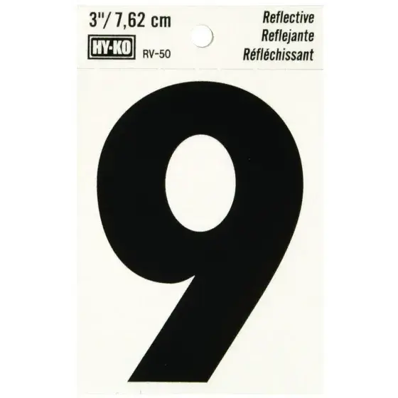 3" BEND AND PEEL BLACK ON SILVER REFLECTIVE NUMBER 9 HY-KO - RV-50/9