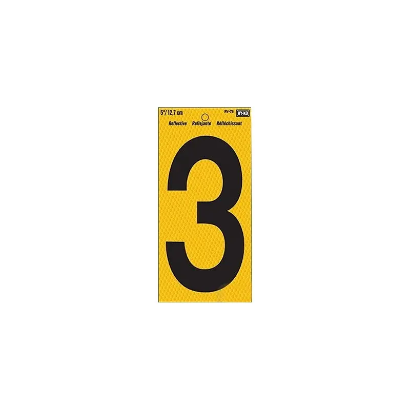 5" BEND AND PEEL BLACK ON YELLOW REFLECTIVE NUMBER 3 HY-KO - RV-75/3