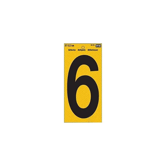 5" BEND AND PEEL BLACK ON YELLOW REFLECTIVE NUMBER 6 HY-KO - RV-75/6