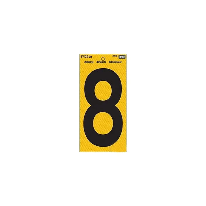 5" BEND AND PEEL BLACK ON YELLOW REFLECTIVE NUMBER 8 HY-KO - RV-75/8