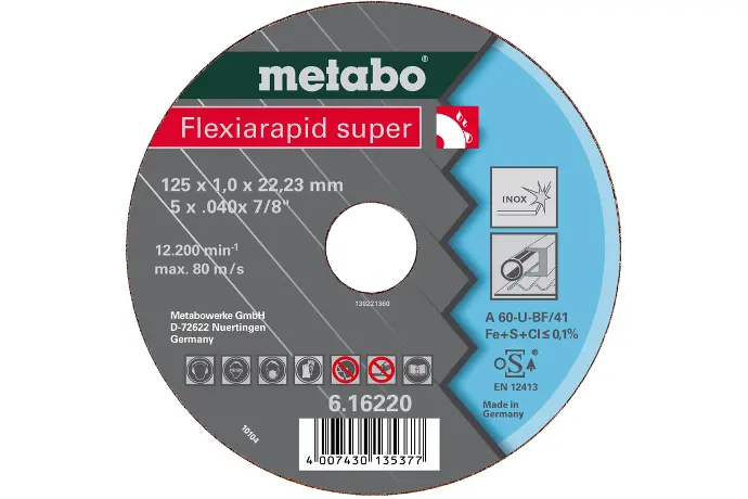FLEXIARAPID SUPER 180 X 1.6 X 22.2 STAINLESS CUTTING DISC METABO - 616226000
