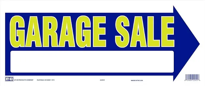 GARAGE SALE - ARROW SIGN 9" X 18 " HY-KO - 22451