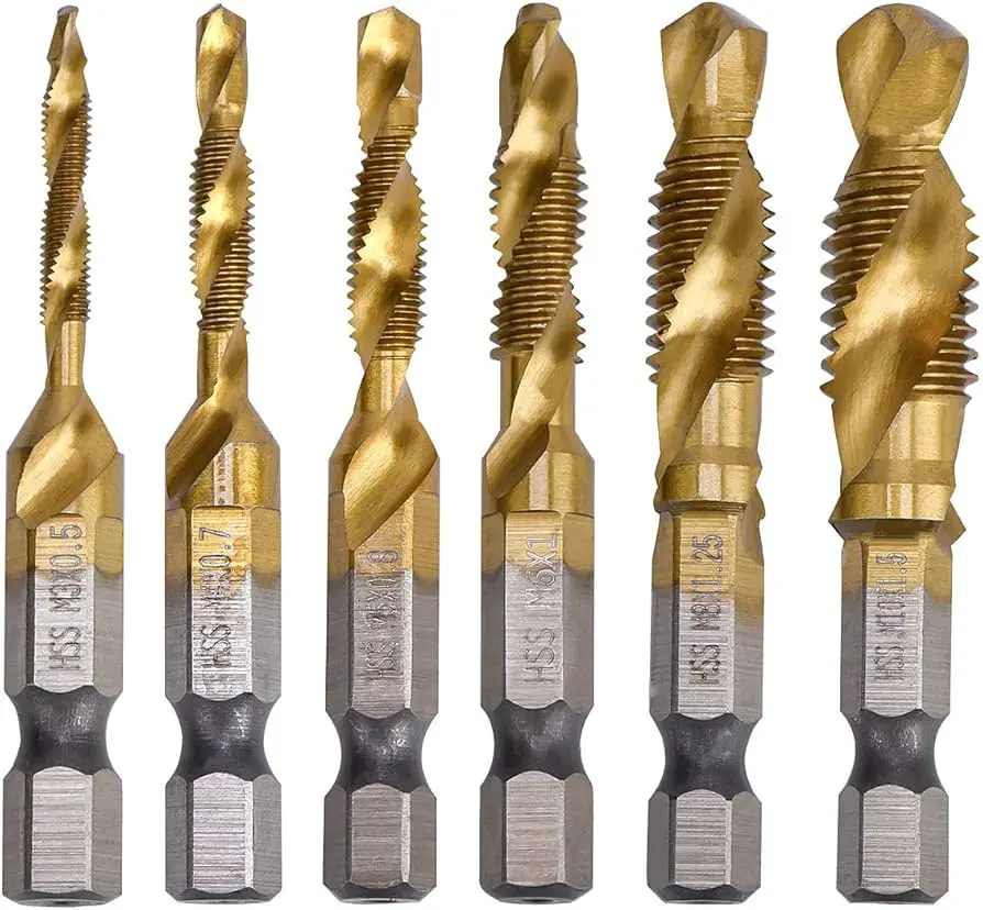 YDLQWCZ 6PCS 1/4" HSS SPIRAL HEX SHANK COMBINATION DRILL SCREW TAP
