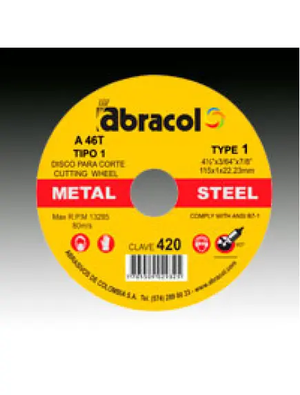 METAL CUTTING DISC 4-1/2" x 3/64" x 7/8" DT1 A46T #420 SS ABRACOL - ABD2A0046049