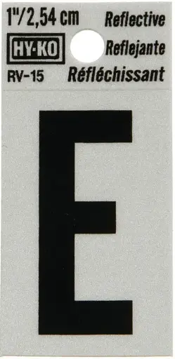 [08437819] 1-1/4" BEND AND PEEL BLACK ON SILVER REFLECTIVE LETTER E HY-KO - RV-15/E