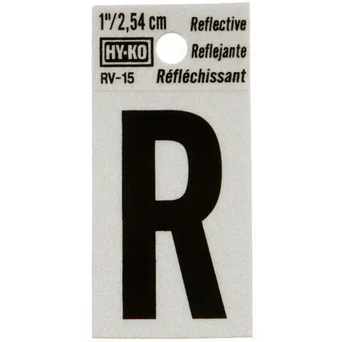 [08439011] 1-1/4" BEND AND PEEL BLACK ON SILVER REFLECTIVE LETTER R HY-KO - RV-15/R