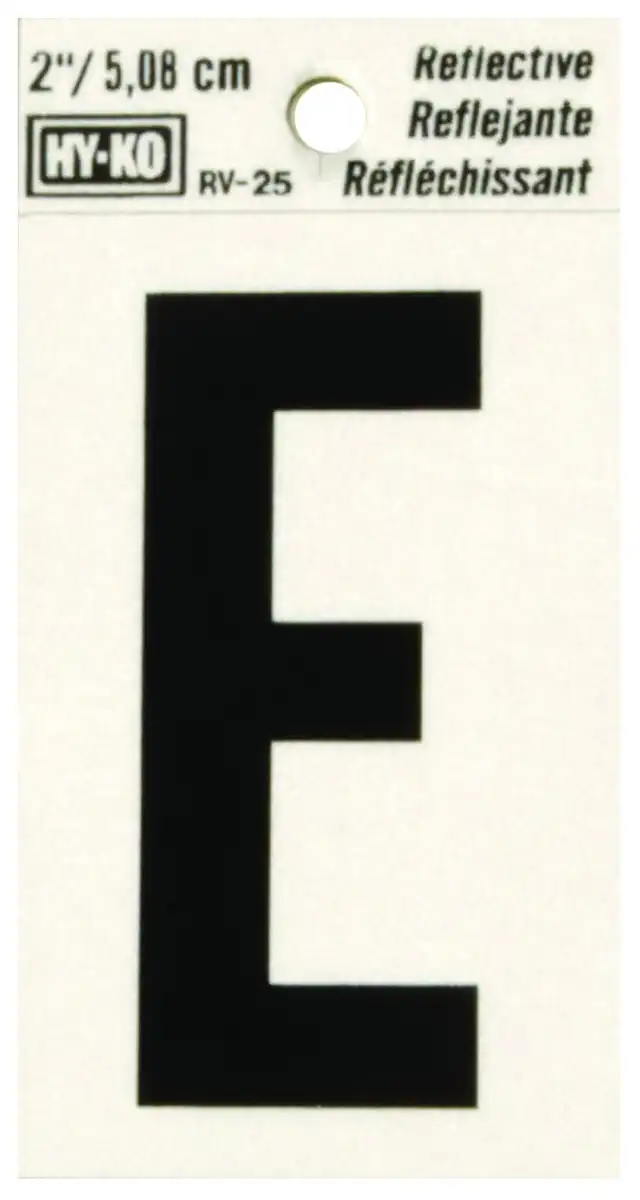 [08441715] 2" BEND AND PEEL BLACK ON SILVER REFLECTIVE LETTER E HY-KO - RV-25/E