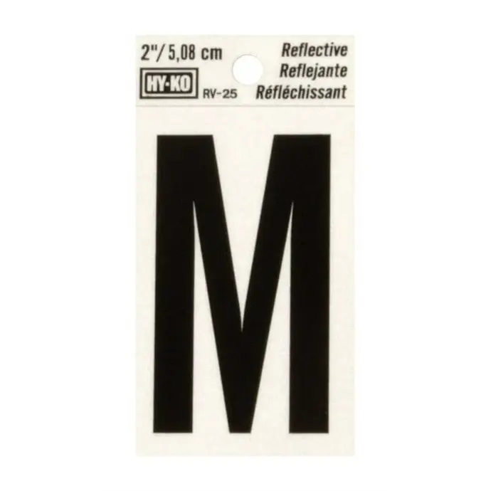 [08442510] 2" BEND AND PEEL BLACK ON SILVER REFLECTIVE LETTER M HY-KO - RV-25/M