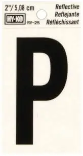 [08442714] 2" BEND AND PEEL BLACK ON SILVER REFLECTIVE LETTER P HY-KO - RV-25/P