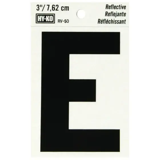 [08445614] 3" BEND AND PEEL BLACK ON SILVER REFLECTIVE LETTER E HY-KO - RV-50/E
