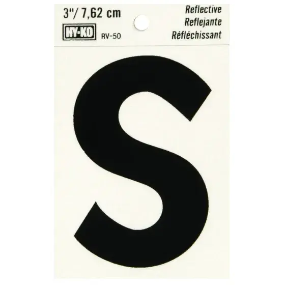 [08446914] 3" BEND AND PEEL BLACK ON SILVER REFLECTIVE LETTER S HY-KO - RV-50/S