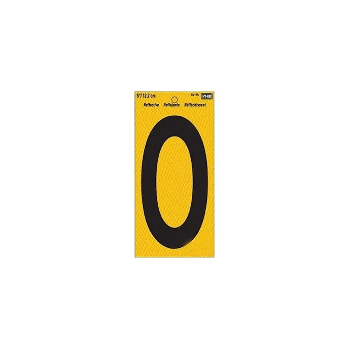 [084100007602] 5" BEND AND PEEL BLACK ON YELLOW REFLECTIVE NUMBER 0 HY-KO - RV-75/0