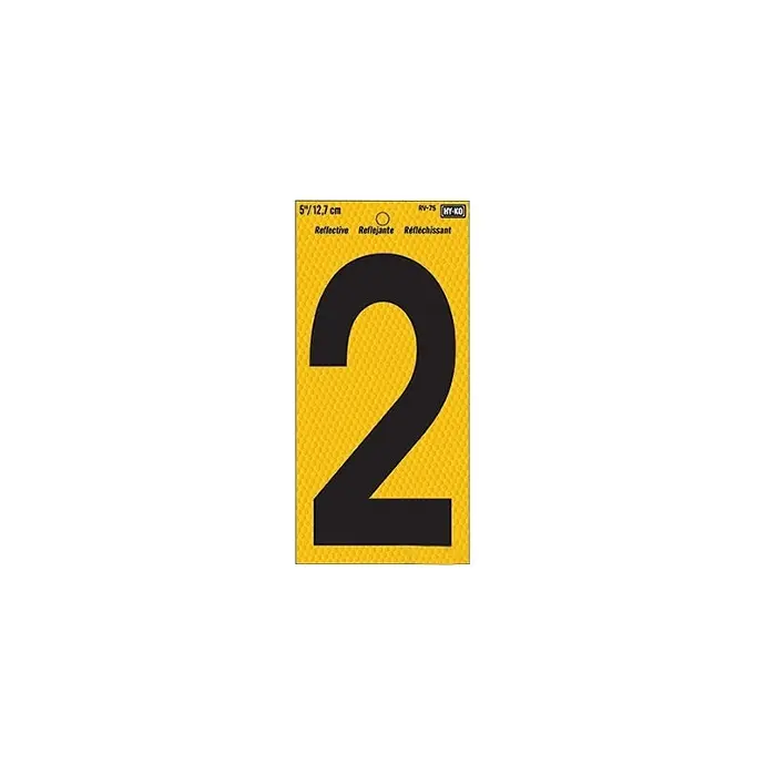 [084100007527] 5" BEND AND PEEL BLACK ON YELLOW REFLECTIVE NUMBER 2 HY-KO - RV-75/2