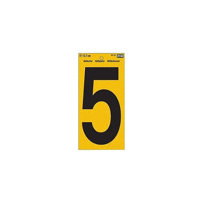 [084100007558] 5" BEND AND PEEL BLACK ON YELLOW REFLECTIVE NUMBER 5 HY-KO - RV-75/5