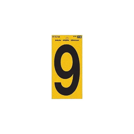 [084100007596] 5" BEND AND PEEL BLACK ON YELLOW REFLECTIVE NUMBER 9 HY-KO - RV-75/9