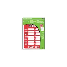 [029069600013] BUSINESS HOURS RED/WHITE BACKGROUND PLASTIC SIGN 8-1/2" X 12" HY-KO