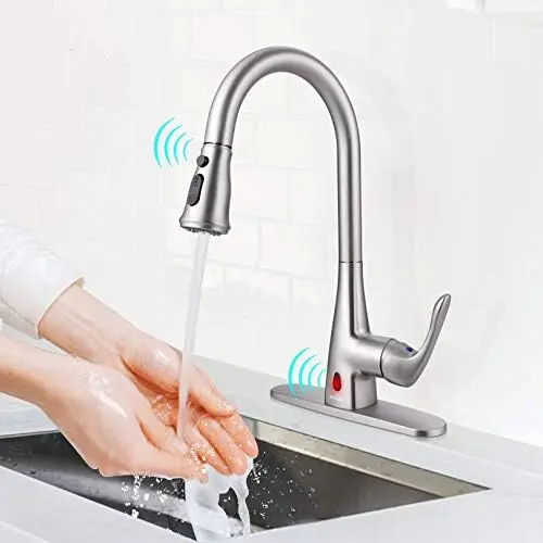 [2400] HIMIMI TOUCHLESS KITCHEN FAUCET BN ANTI FINGERPRINT LLOY BODY & HANDLE WITH 3 FUNCTION SPRAY HEAD SS LINE HOSE - 308AB011AG08-2400