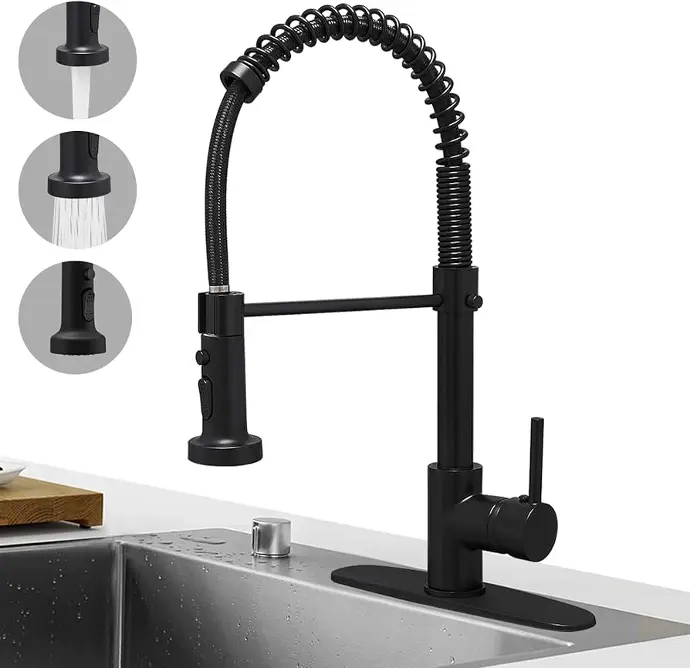 [X002S6J3V7] IFAUCET SPRING KITCHEN FAUCET MATTE BLACK  ZINK ALLOY BODY & HANDLE WITH 3 FUNCTION SPRAY HEAD NYLON BRAIDED INLET HOSE - 308DC004AA14-2490