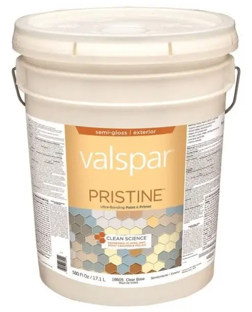 [080047273933] VALSPAR PRISTINE EXTERIOR LATEX PAINT SEMI-GLOSS CLEAR BASE 5 GAL - 027.0018605.008
