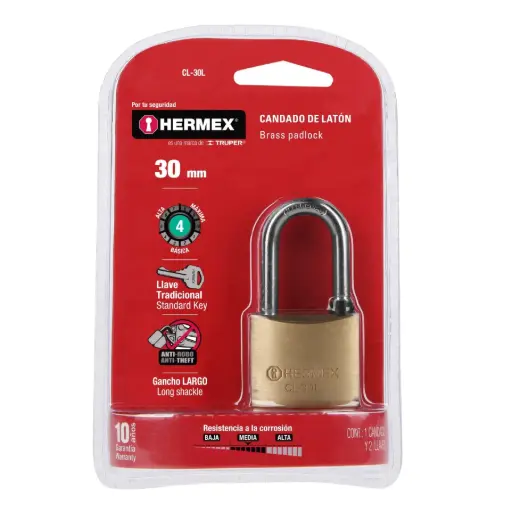 [7501206673485] PADLOCK BRASS 30MM HERMEX-TR CL - 30L / 43436